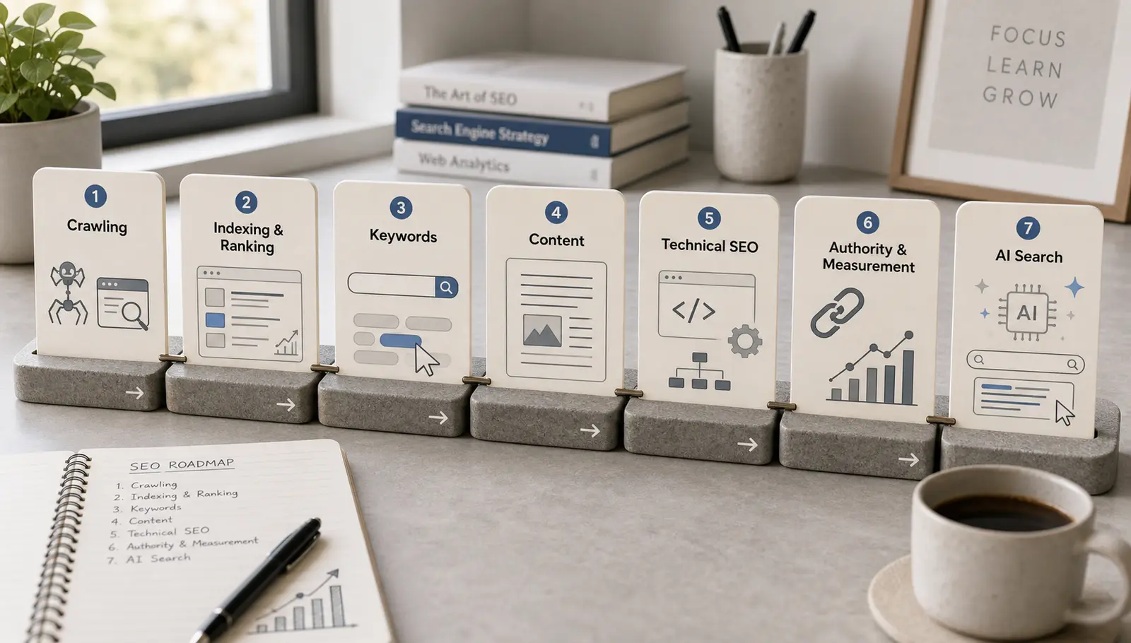 Seven-stage roadmap from SEO fundamentals through AI search visibility