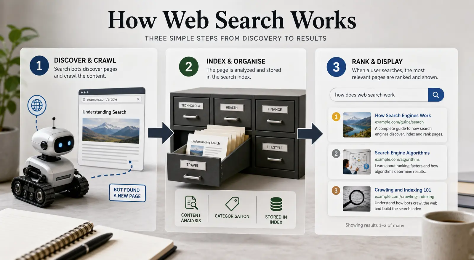 Diagram showing webpage crawling, indexing, and ranking in sequence