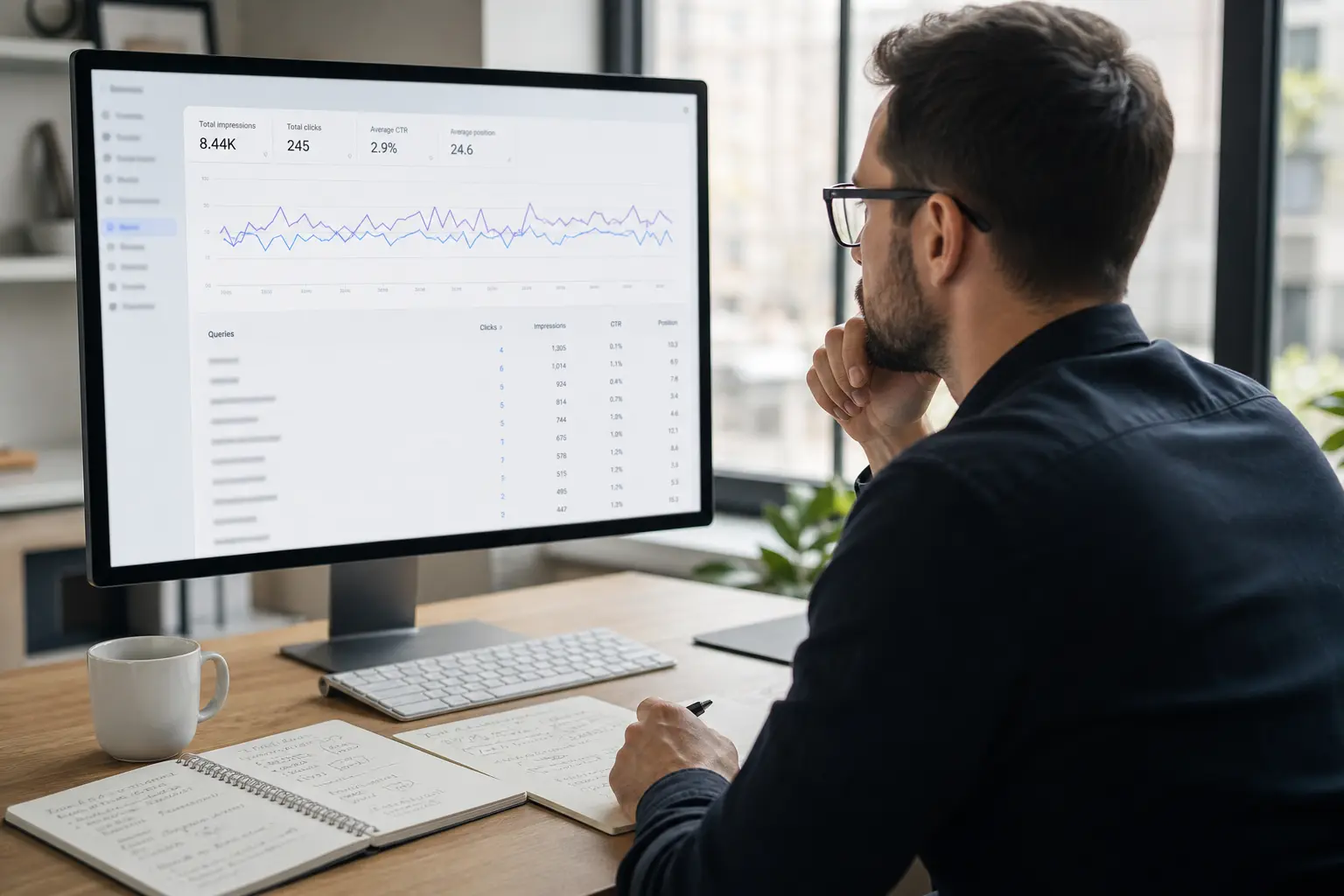 SEO specialist reviewing search impressions, clicks, queries, and rankings