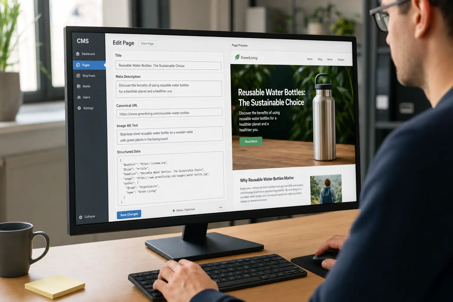 Editor reviewing SEO fields for a webpage in a CMS