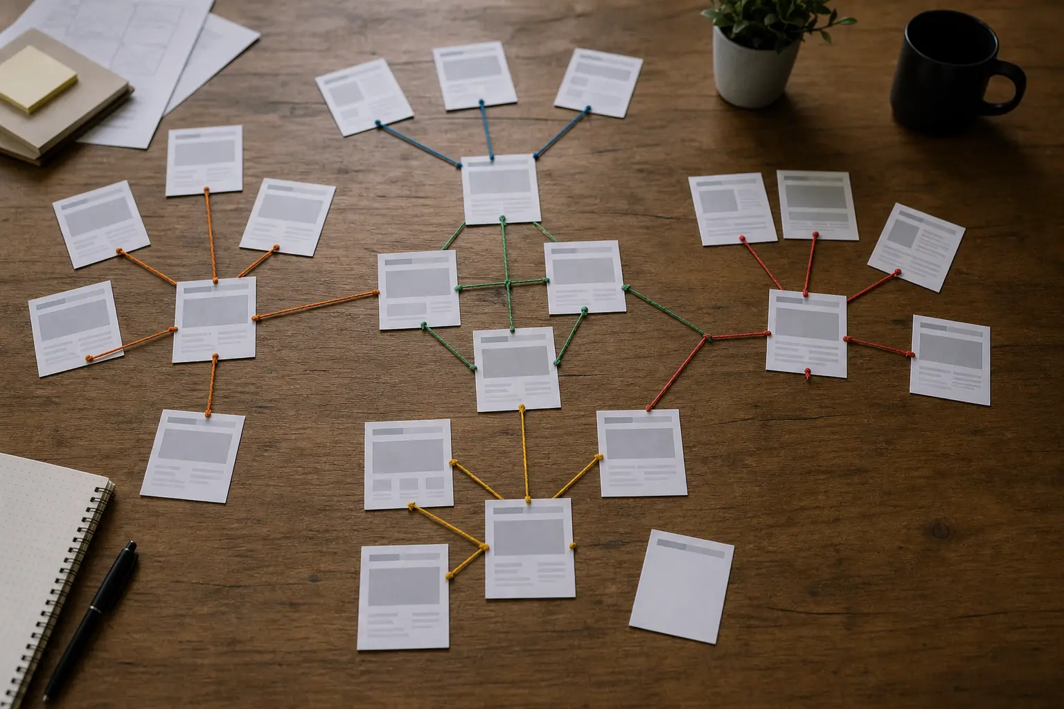 Website page cards connected by internal links and external backlinks
