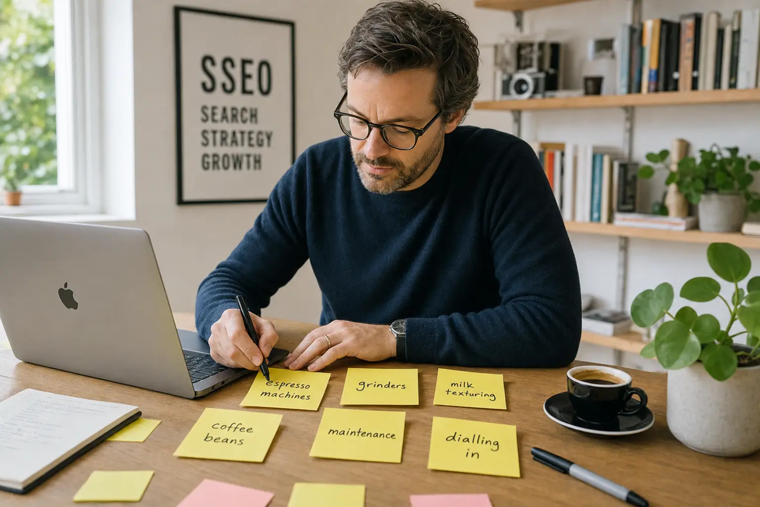 Strategist brainstorming espresso seed topics with notes and laptop