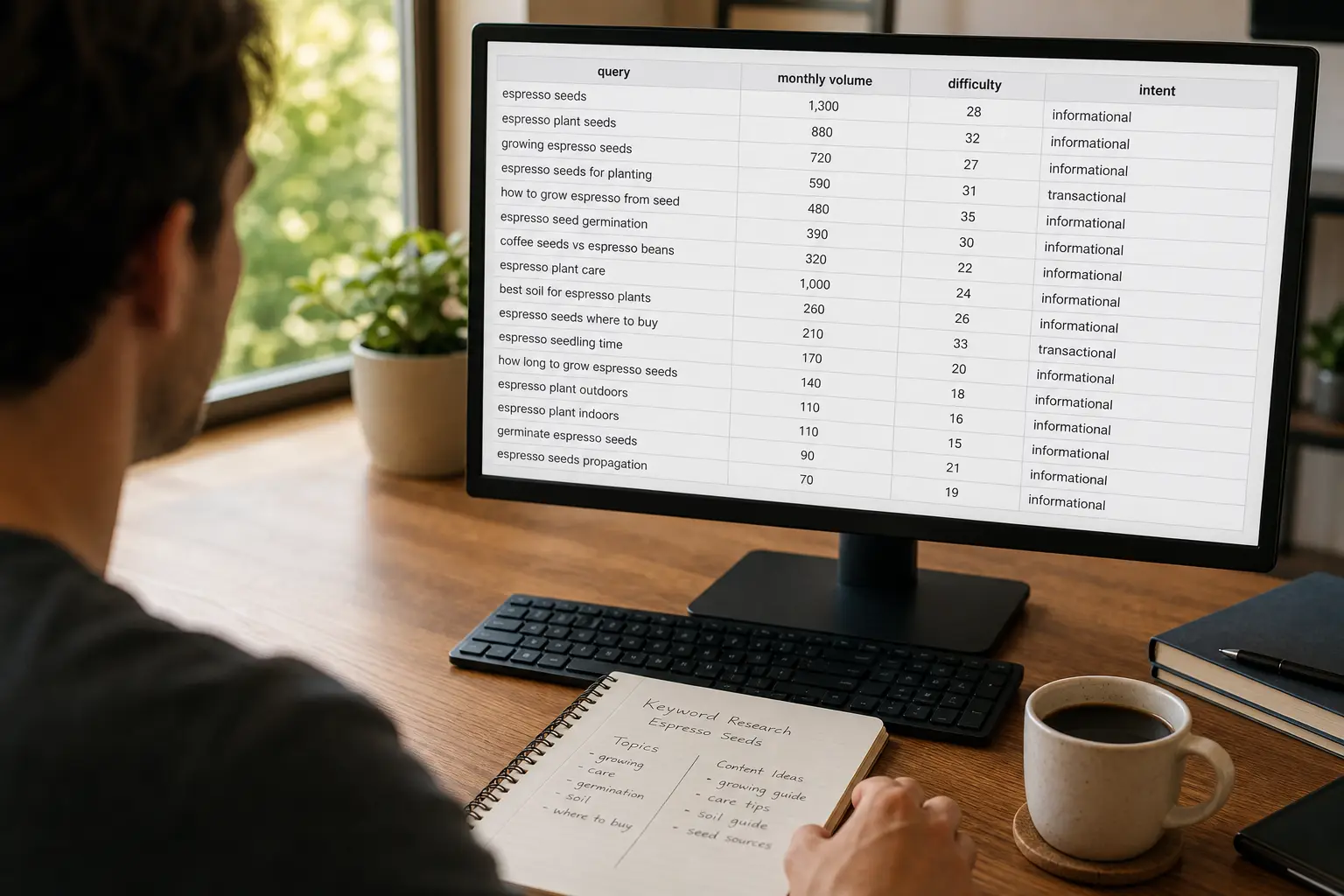 Researcher compiling espresso queries and metrics in a spreadsheet