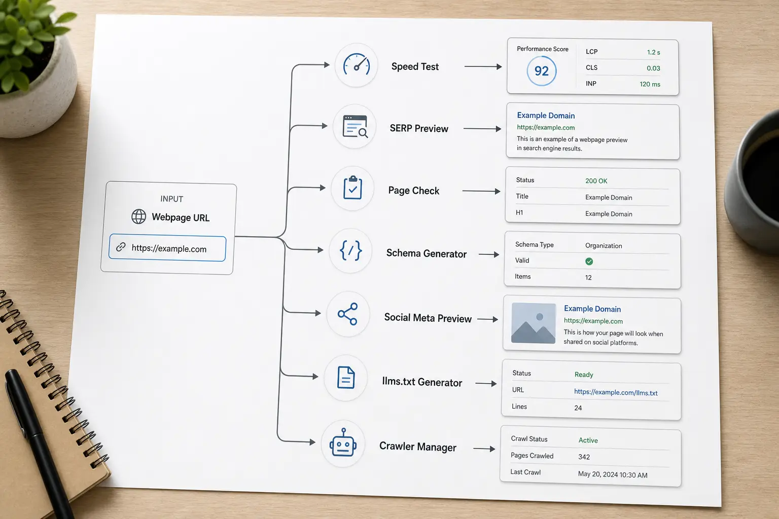 Diagram matching seven SEO tools to their specialized page checks