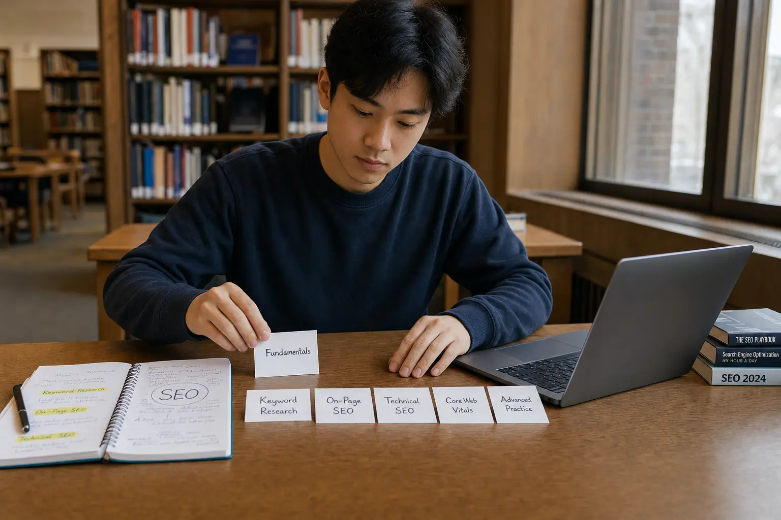 Learner organizes SEO study topics into a structured progression
