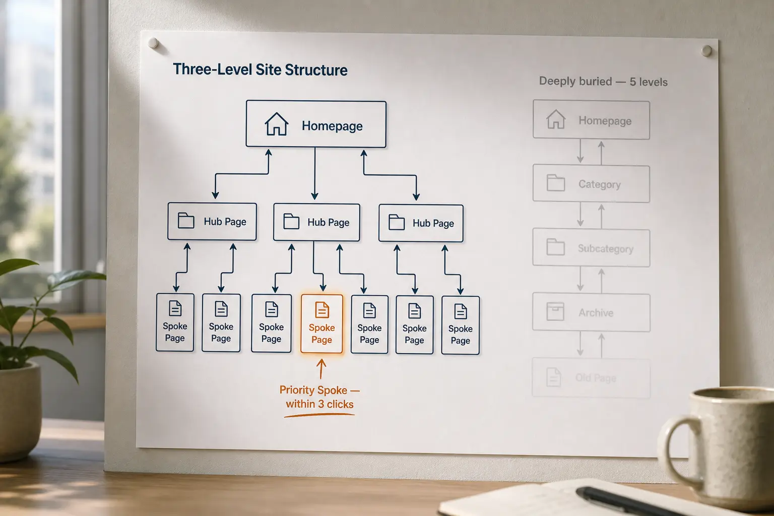 Shallow three-click hierarchy contrasted with a deeply buried webpage