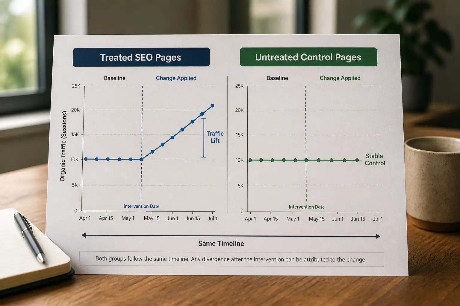 Treated and control page groups compared before and after an SEO change