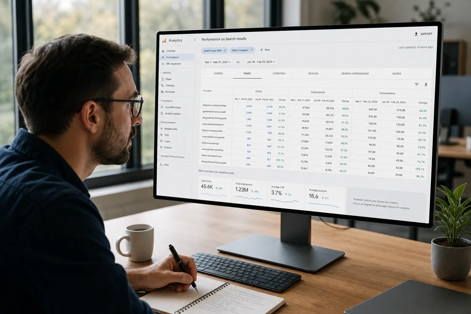 SEO analyst reviews filtered page and query metrics on a dashboard