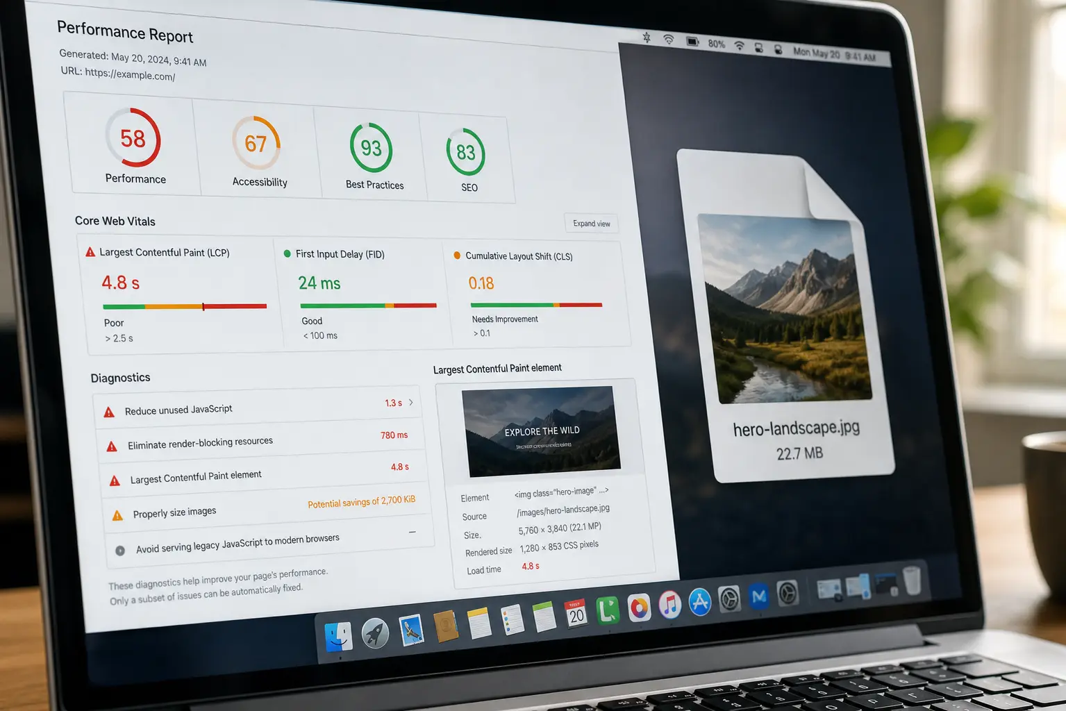 Laptop performance report identifies a large image slowing page rendering